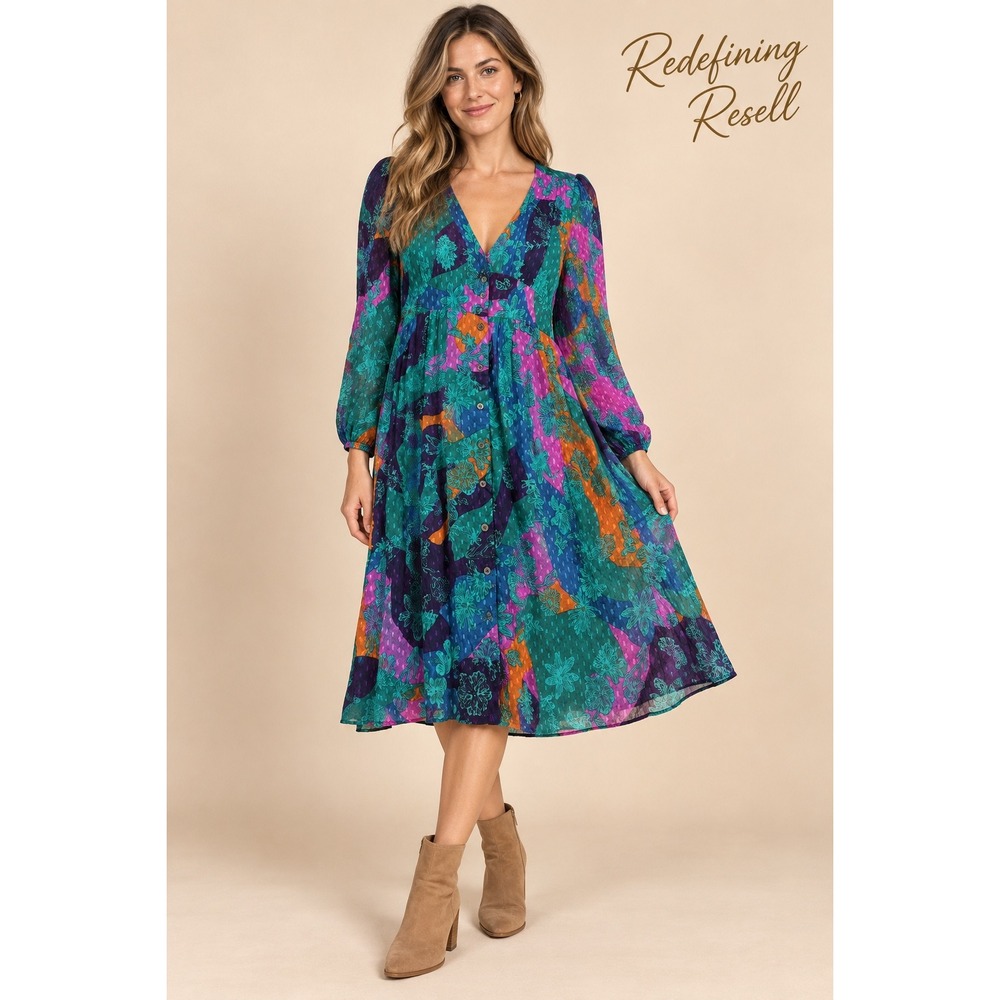Fruch Paris Holy Camouflower Midi Dress XS Multi Color Floral Button Front NEW